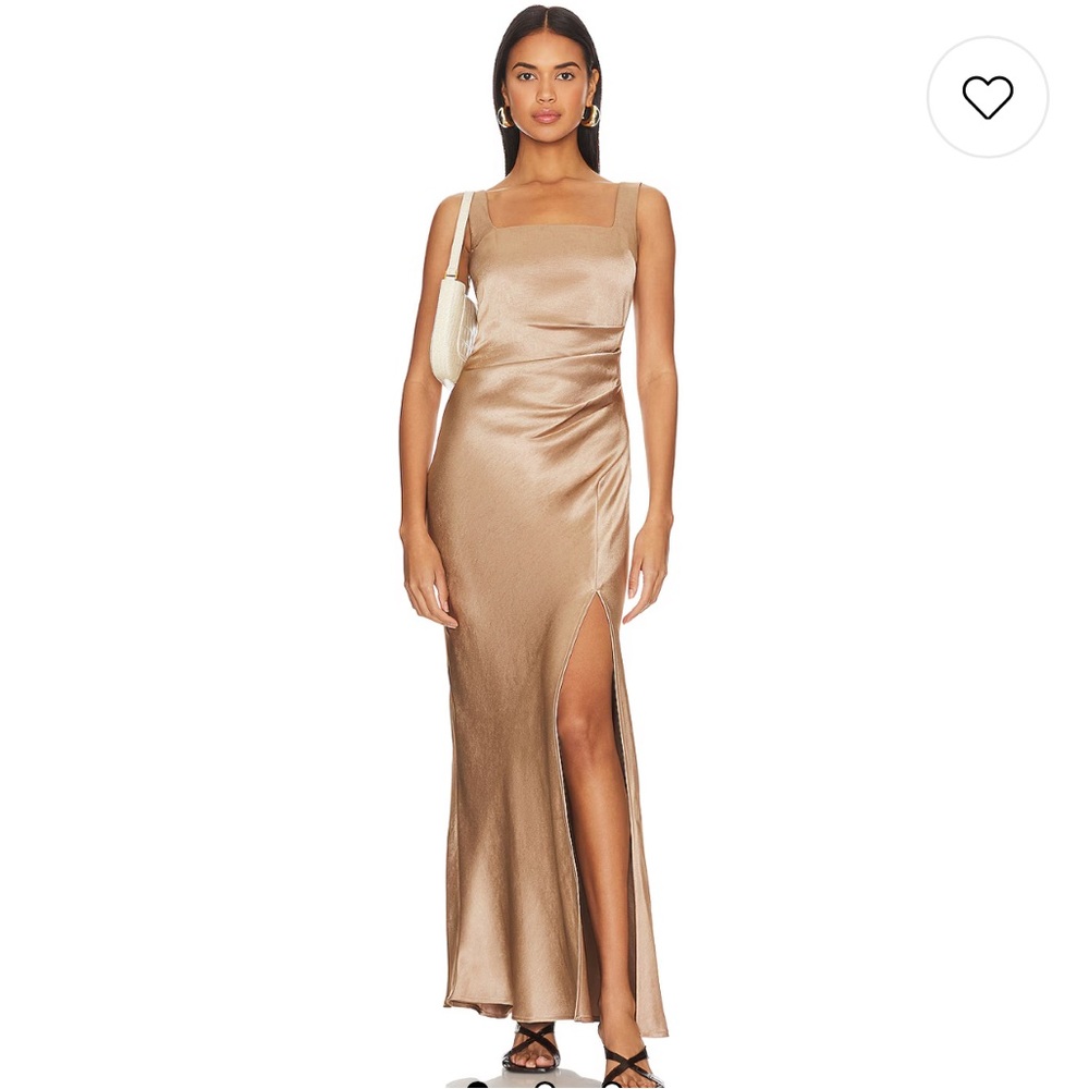 Bec & Bridge Metallic Gold Satin Maxi Dress with Thigh Slit
